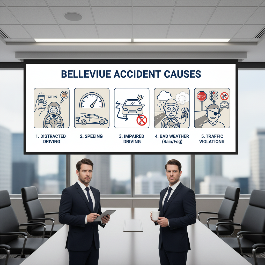 Common causes of car accidents in Bellevue illustrated: distracted driving, speeding, impaired driving, bad weather (rain/fog), and traffic violations, depicted through icons or scenes.