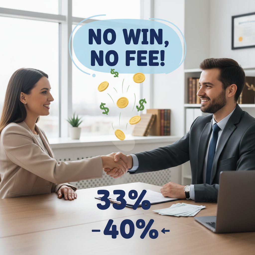 A conceptual graphic showing how contingency fee arrangements work: a lawyer and client shaking hands, money flows illustrating 'no win no fee', percentages (33%-40%) highlighted in a friendly, reassuring style.