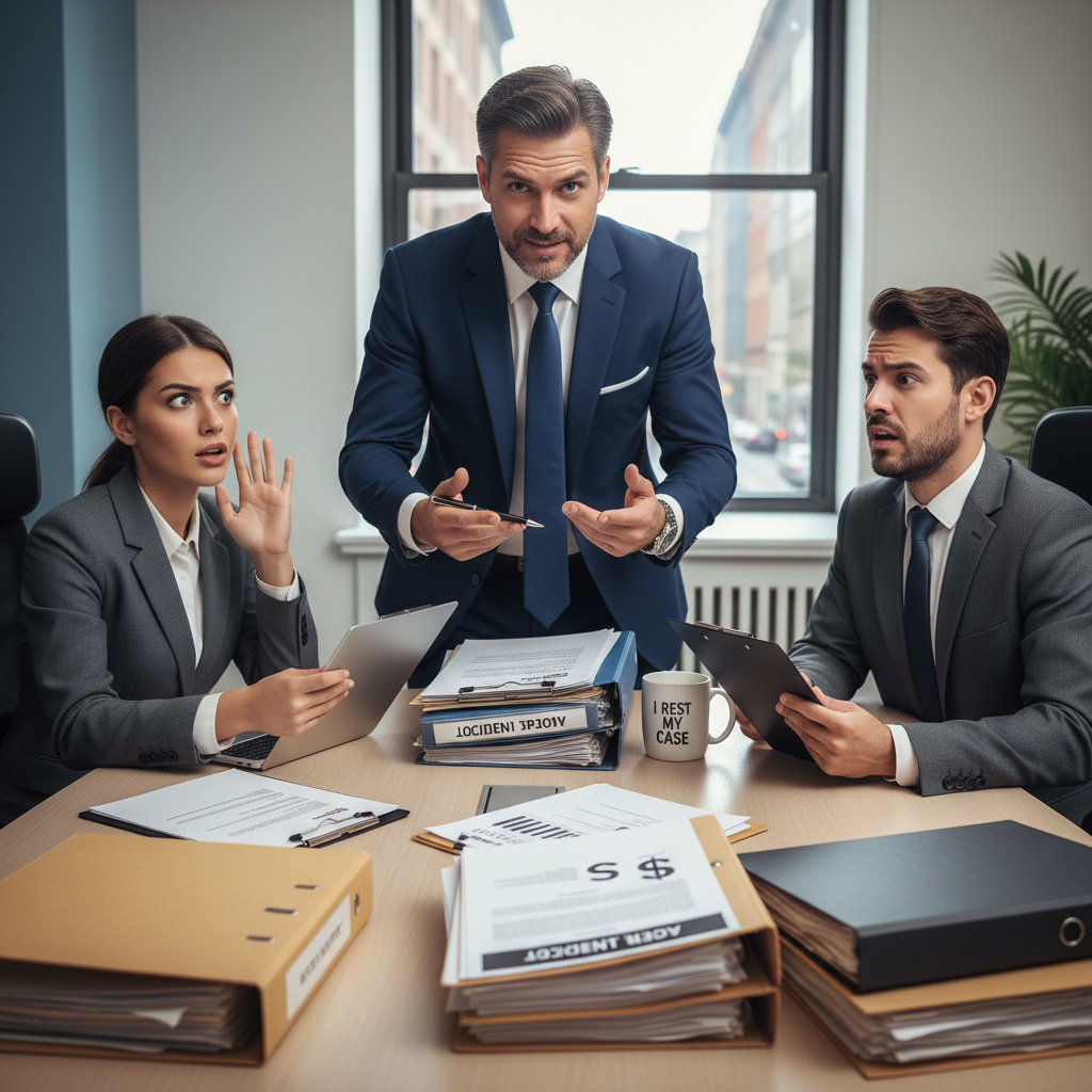 An experienced car accident lawyer negotiating with insurance adjusters at a desk with paperwork, visibly advocating for the client, representing the role of lawyers in handling settlements and legal challenges.
