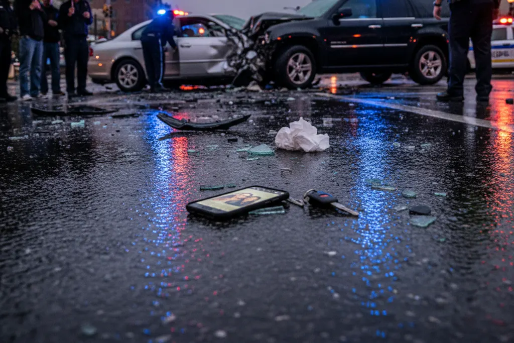 Crash debris and a phone on a wet road at night