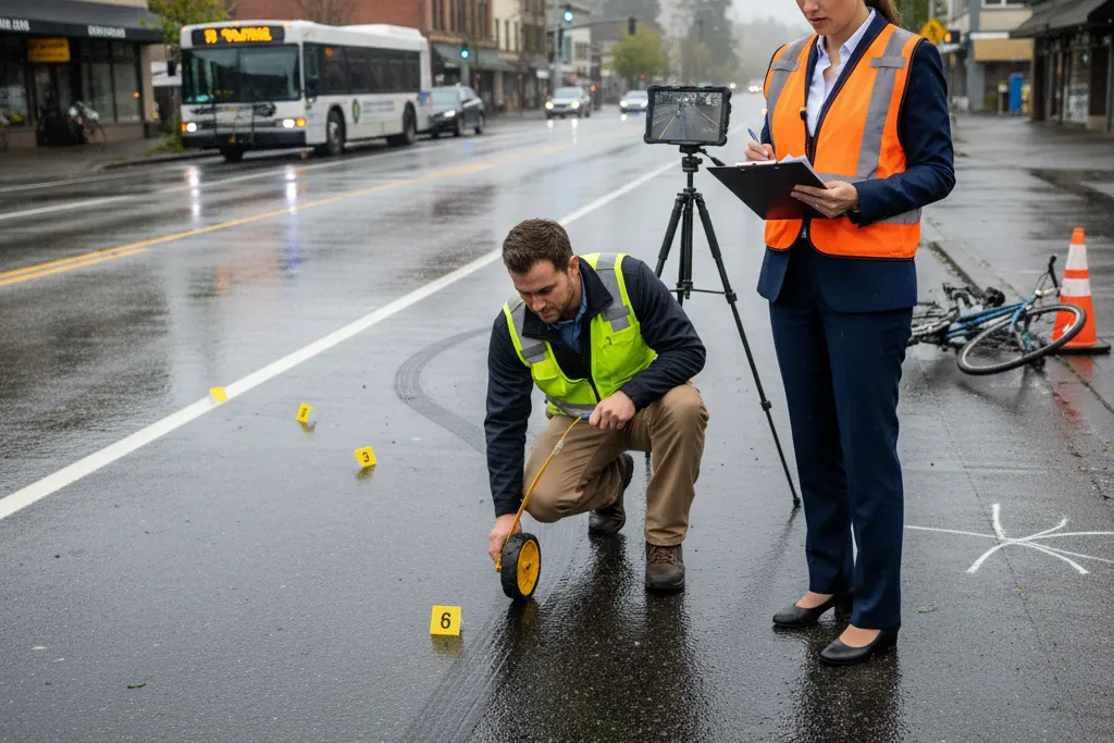 Investigators measure a crash scene with evidence markers