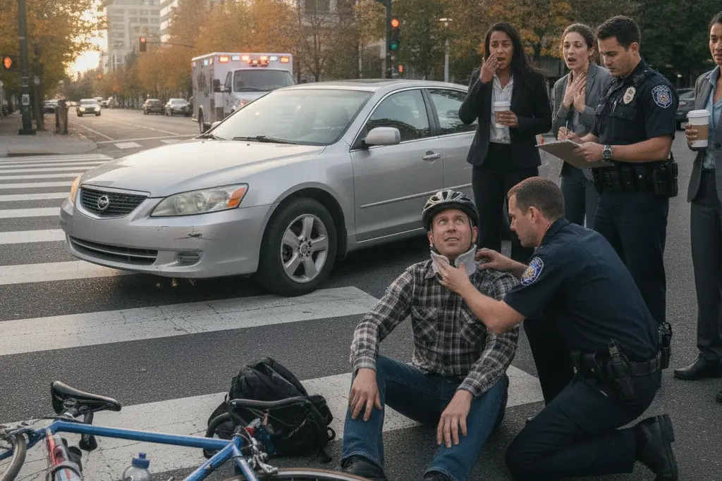 Officer helps an injured cyclist next to a damaged bike