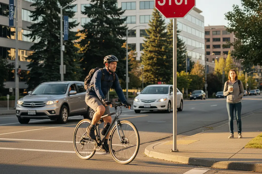 Cyclist at a stop sign at a city intersection