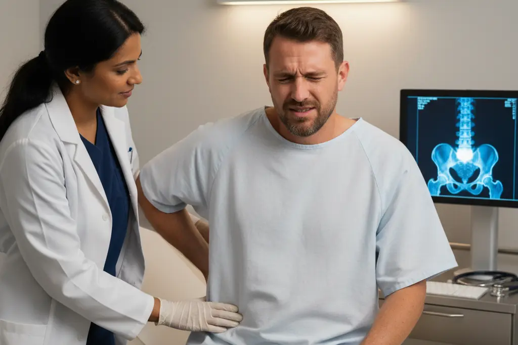Doctor examines a patient's back with a spine X-ray on screen