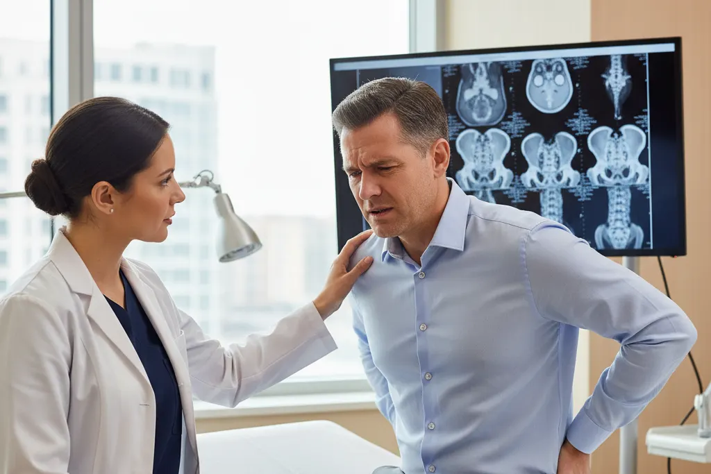 Doctor checks a patient's neck and back pain after a car crash