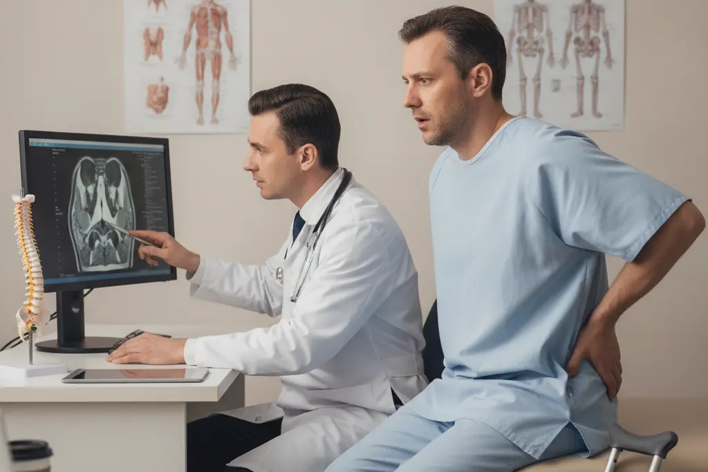 Doctor reviews a scan with a patient who has back pain