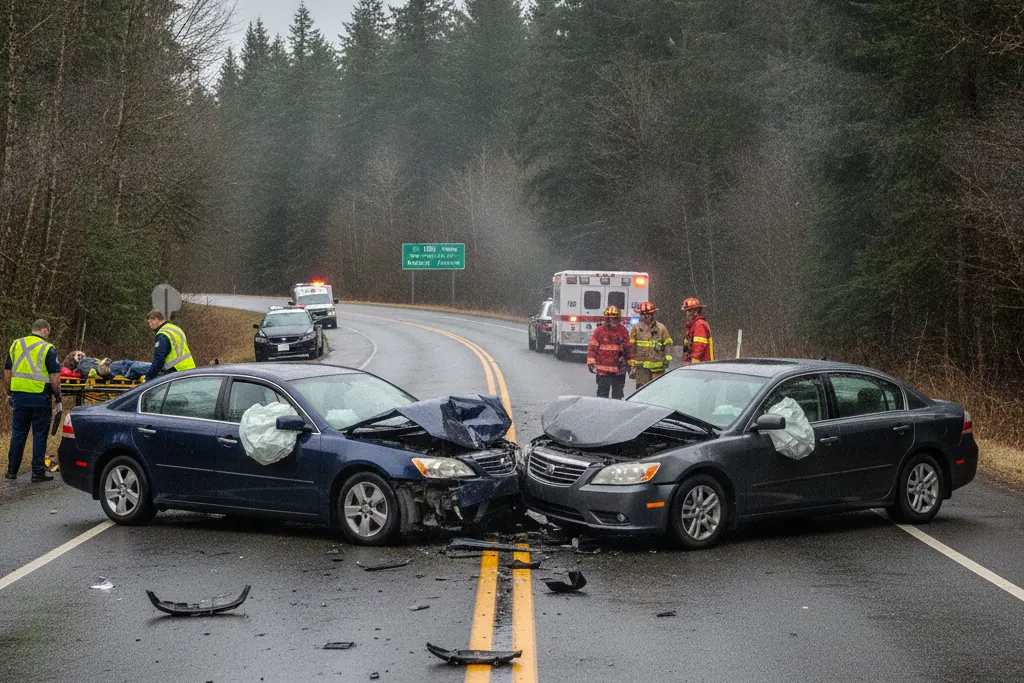 Two cars after a head-on crash on a two-lane road