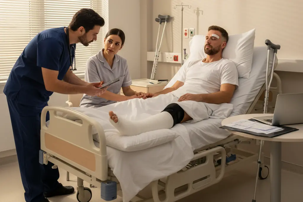 Patient in a hospital bed with a leg cast