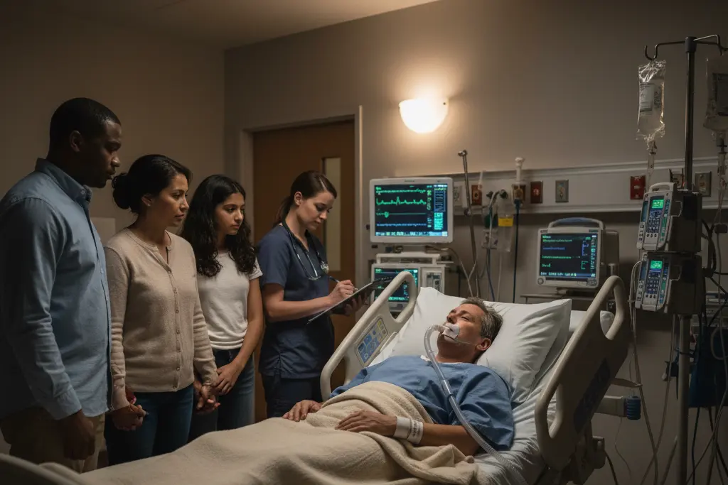 Family stands beside a loved one in a hospital bed