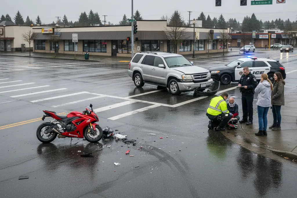 Motorcycle down at a wet intersection, police on scene