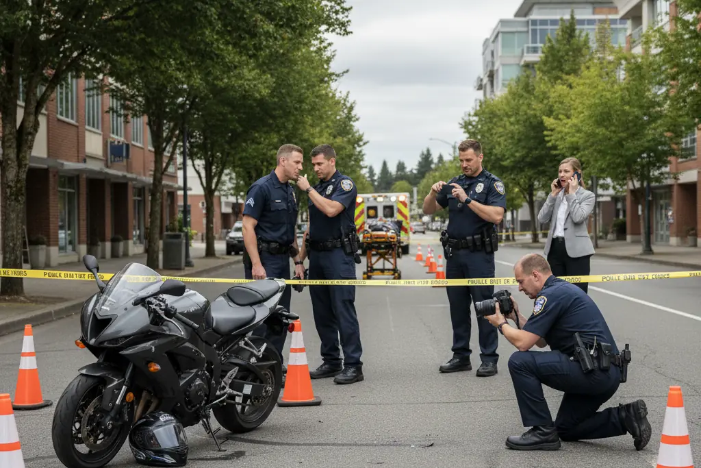 Police tape around a motorcycle crash scene