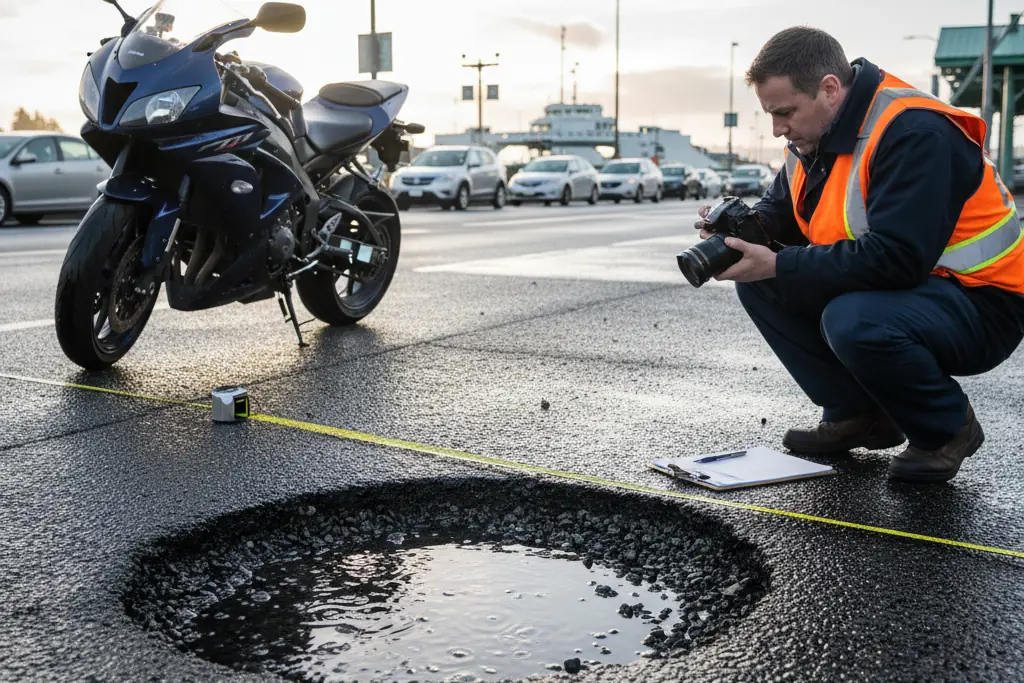Investigator photographs a pothole next to a motorcycle