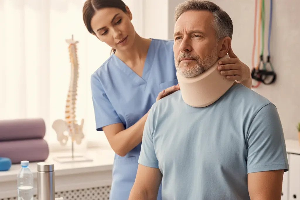 Physical therapist fits a neck brace on a patient