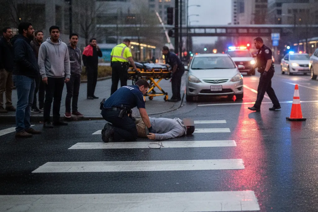 Responders help a pedestrian hurt in a crosswalk at night