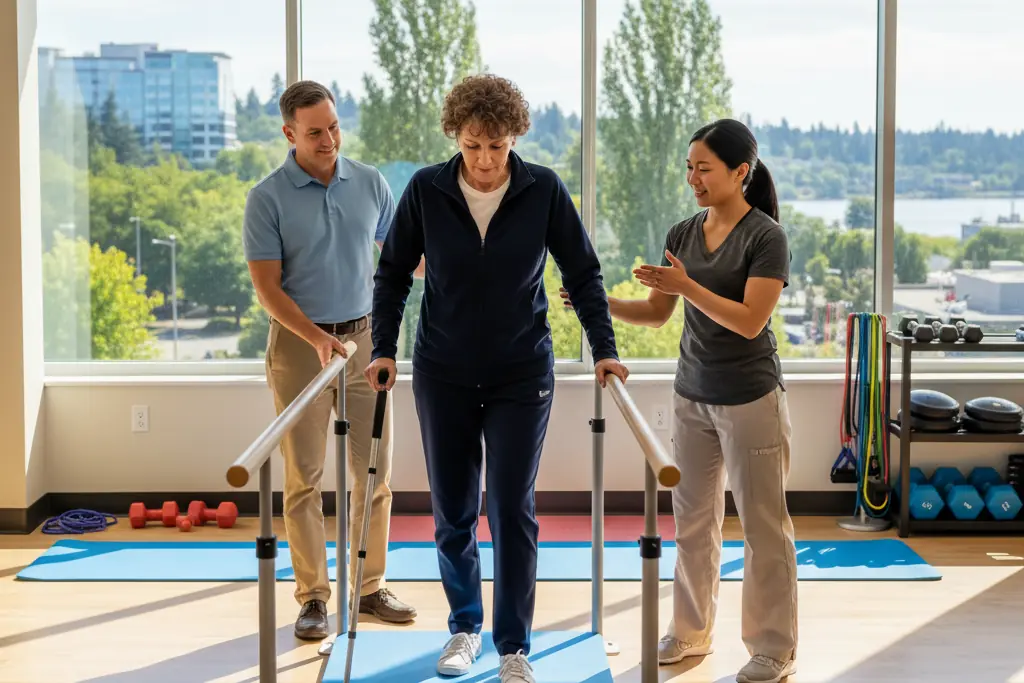 Patient walks with parallel bars in physical therapy