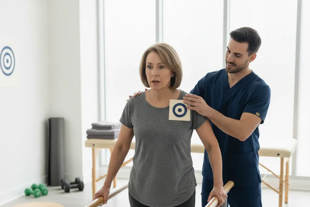 Physical therapist helps a patient with balance exercises