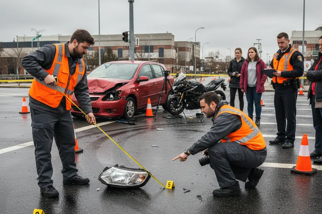 Investigators measure a crash scene after a car and motorcycle collided