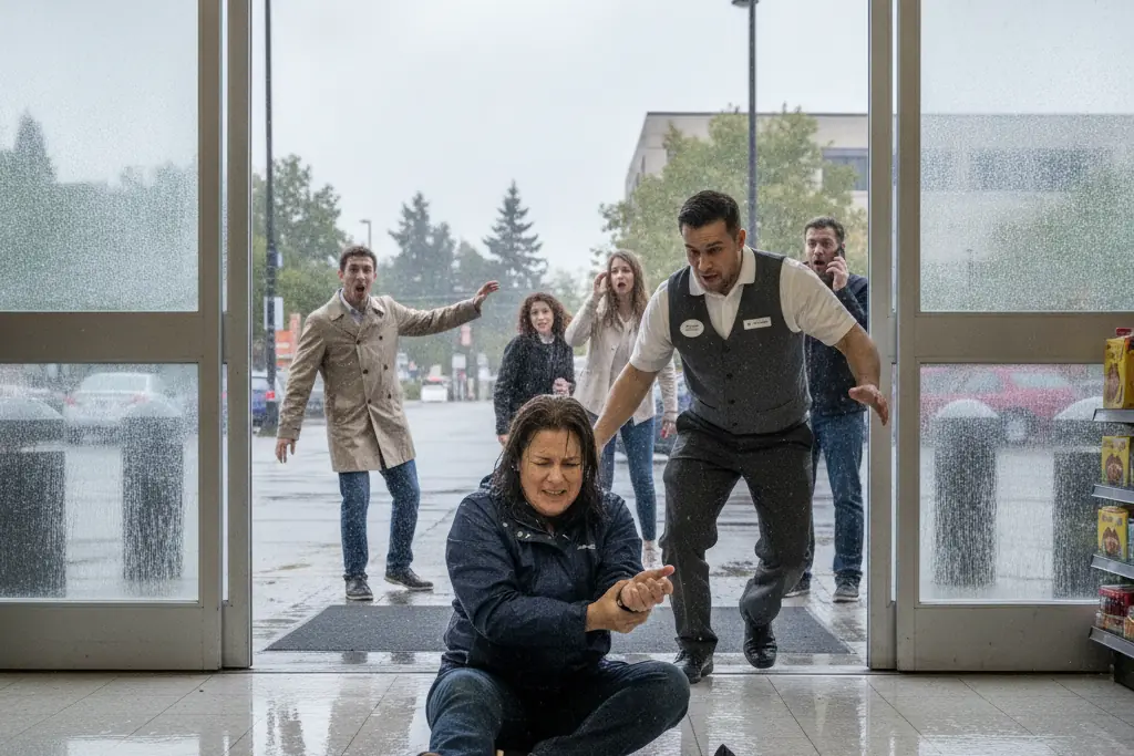 Shopper fell on a wet floor at a store entrance