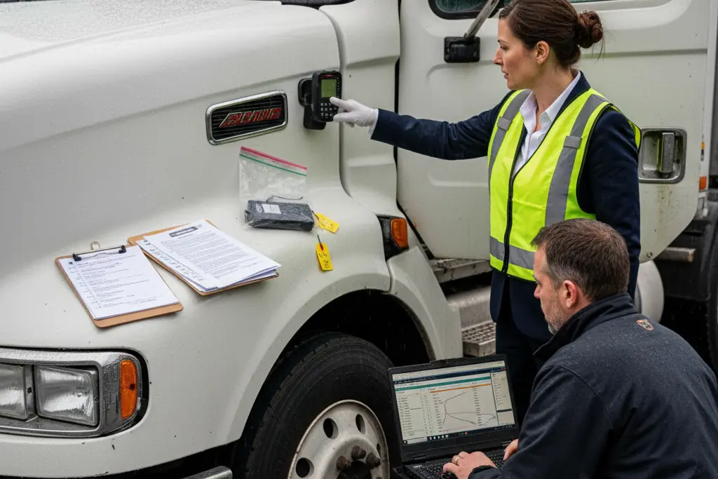 Inspectors download data from a semi-truck after a crash