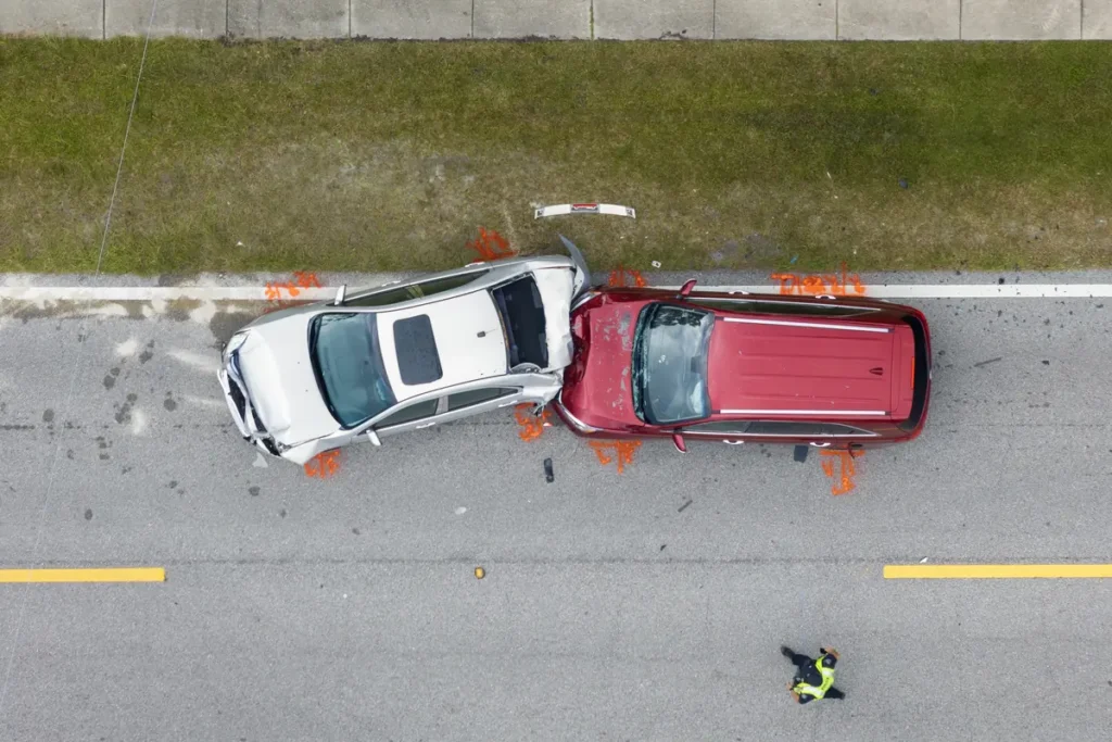 Aerial view of two cars after a crash