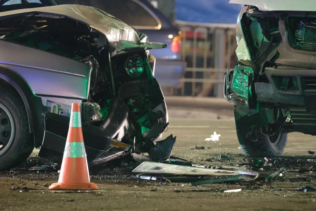 Two cars badly damaged after a crash, with a traffic cone