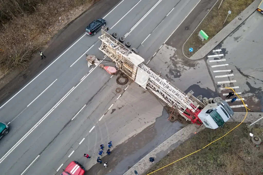 Aerial view of a crane truck tipped over on a city road