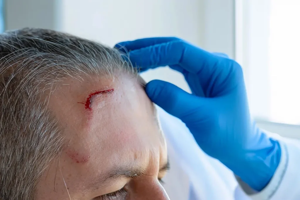 Doctor examines a head wound