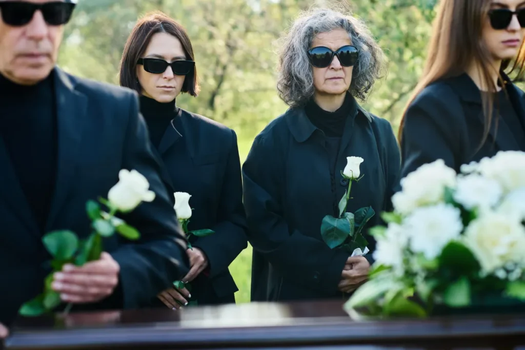 Mourners hold white roses at a funeral