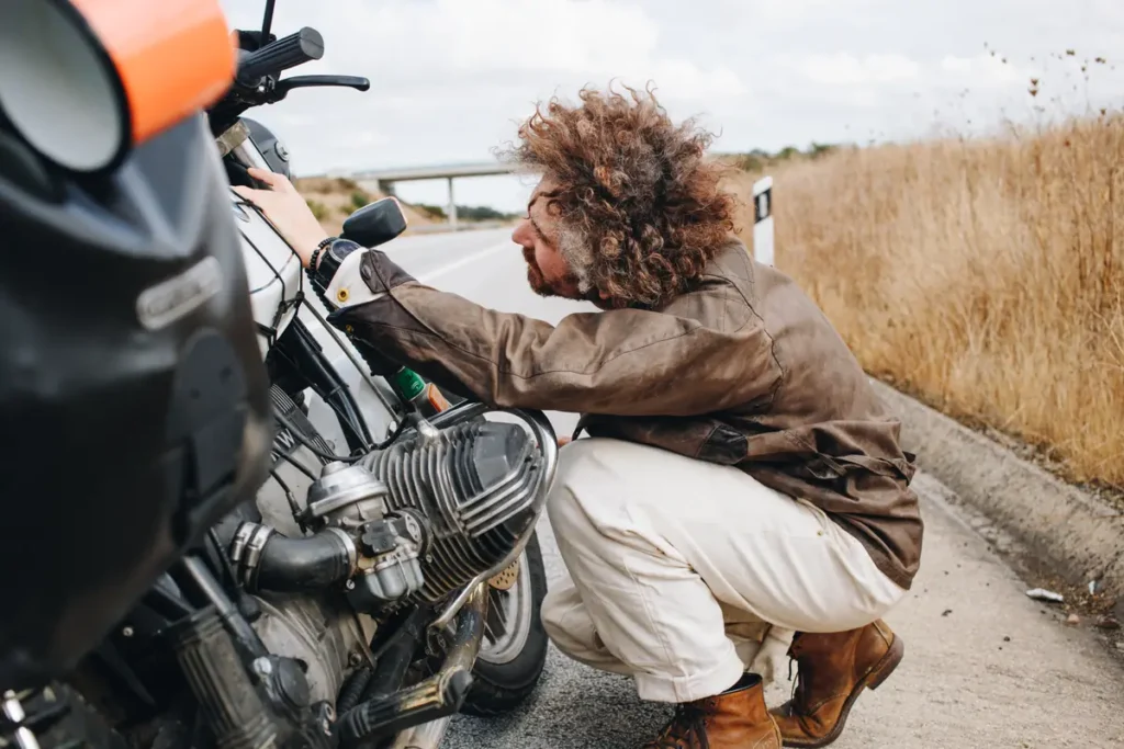 Rider checks his motorcycle on the side of a road