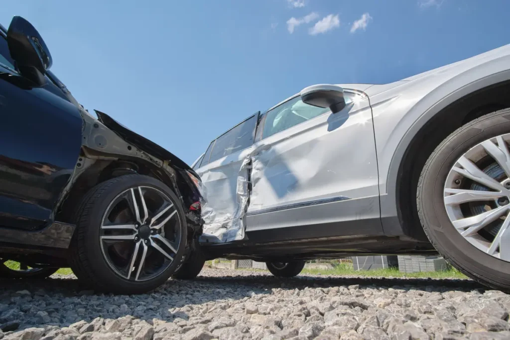 Two cars crushed together after a side-impact crash