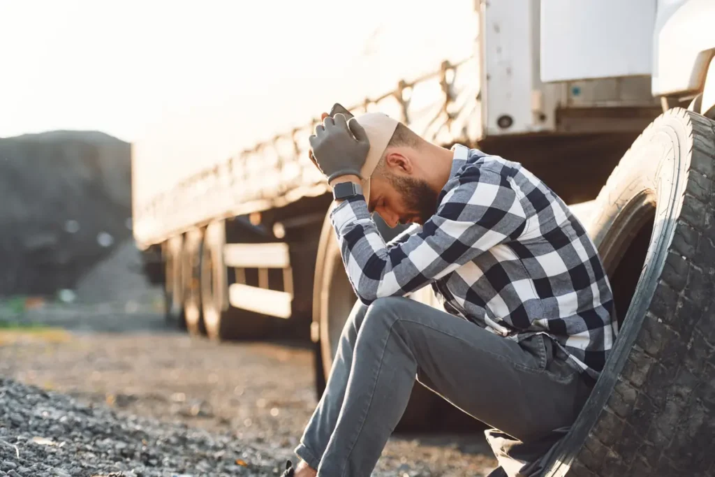 Truck driver sits by his rig with his head in his hands