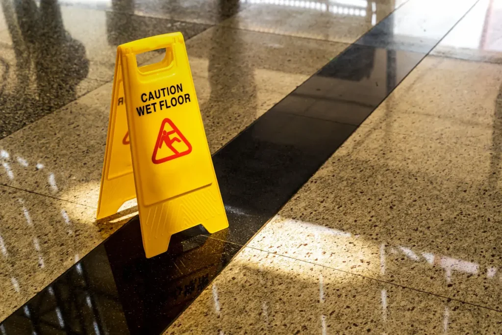 Yellow wet floor sign on a shiny tile floor