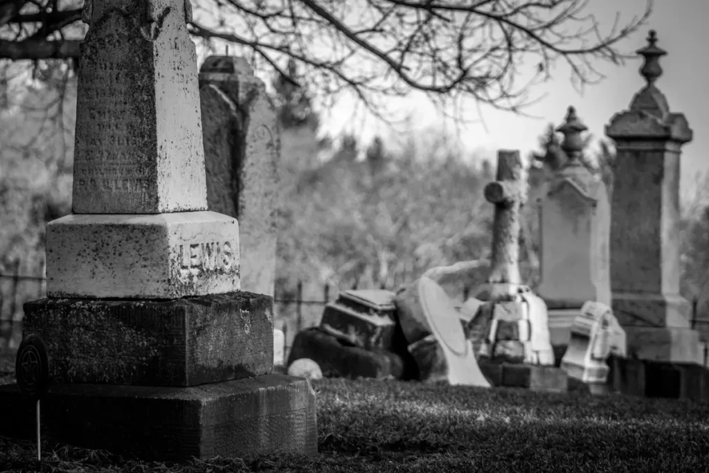 Cemetery headstones in black and white