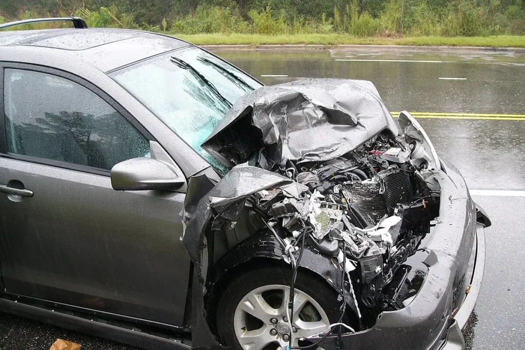 Car with a crushed front end after a crash