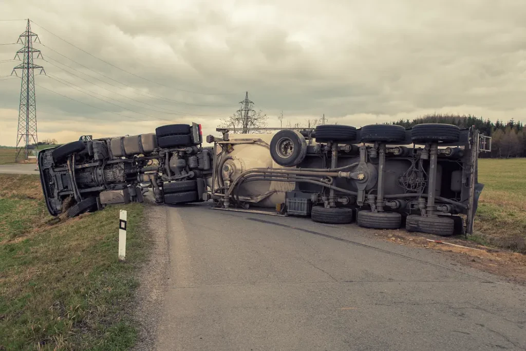 Overturned truck blocking a rural road